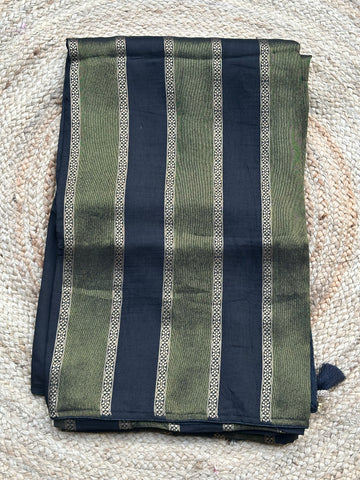 Green with black vertical stripes Saree