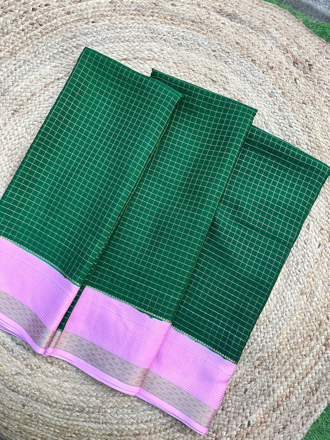 Green and pink cheks pattern pure crepe Mysore Silk sarees