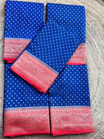 Deep blue and red Banarasi crepe chiffon