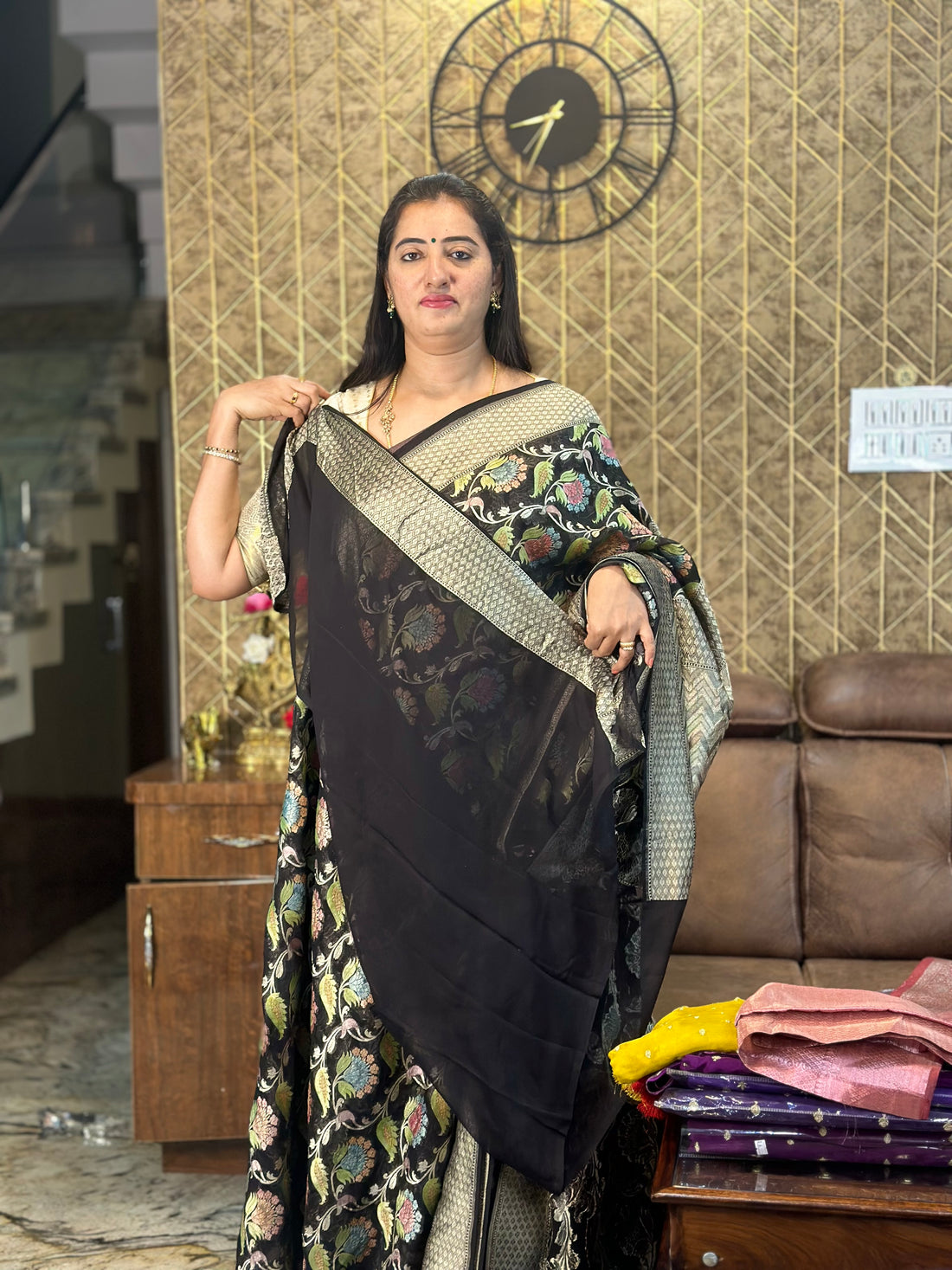 Black pure hand brush dying khaddi Georgette water zari.