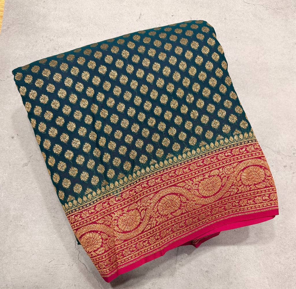 Bottle green small butta pure Banarasi khaddi georgette saree