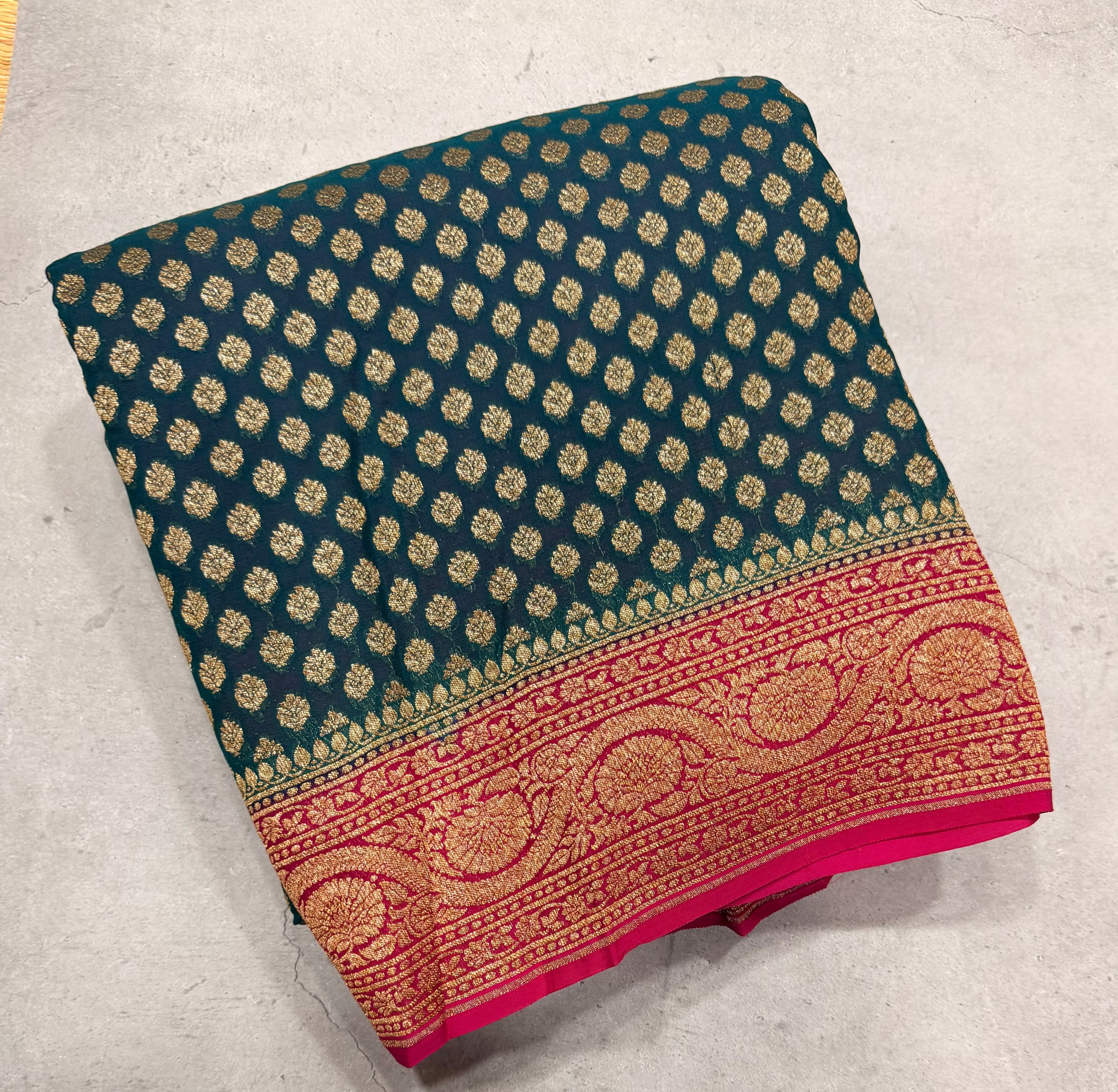 Bottle green small butta pure Banarasi khaddi georgette saree