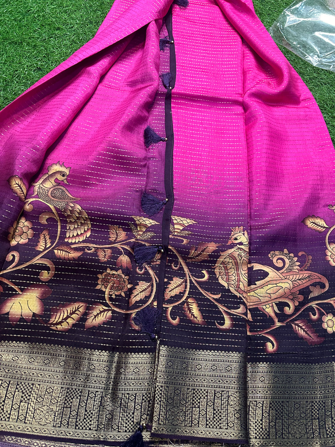 Rani pink and blue Semi crepe kalamkari border.