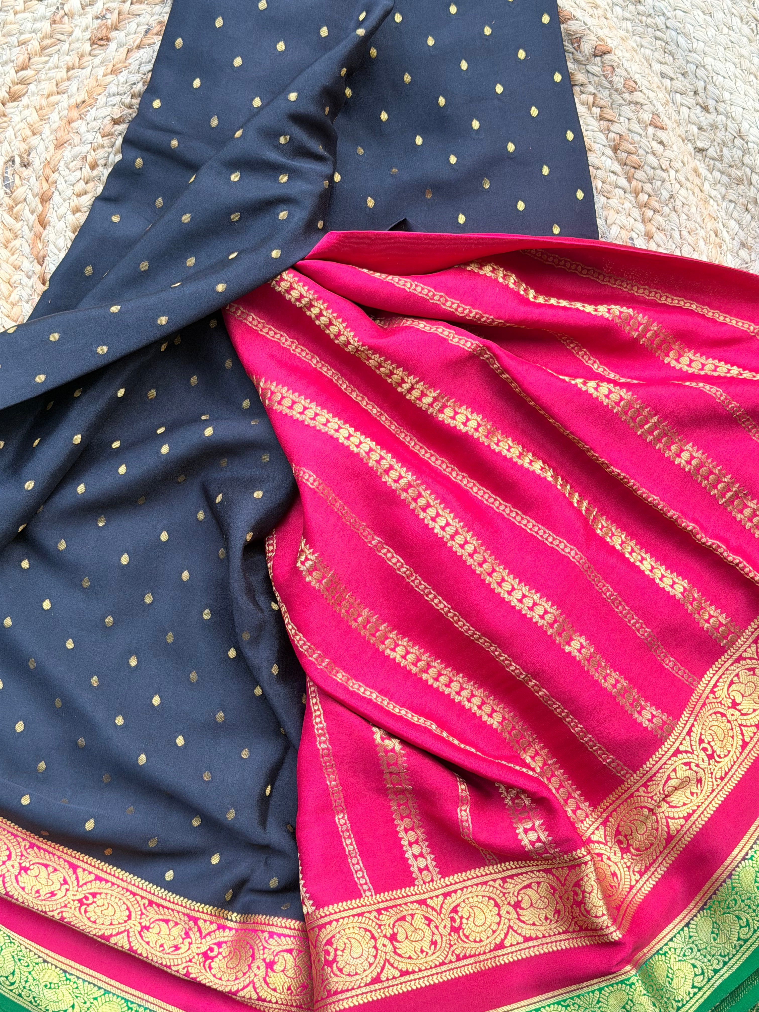 Black and pink thousand butta pure crepe Mysore silk sarees 120 gsm
