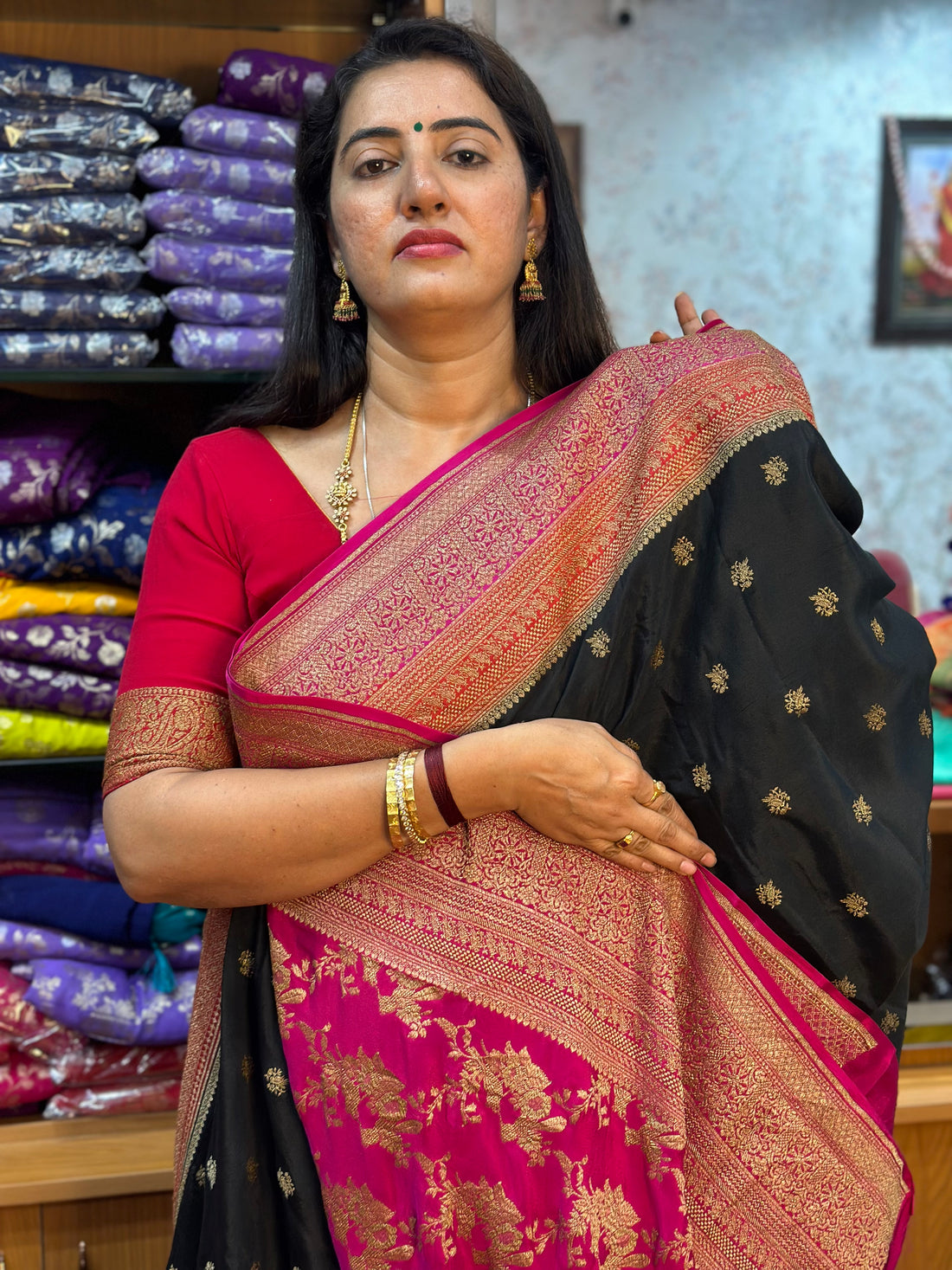 Black and red pure crepe Banaras 3D pattern with brocade blouse