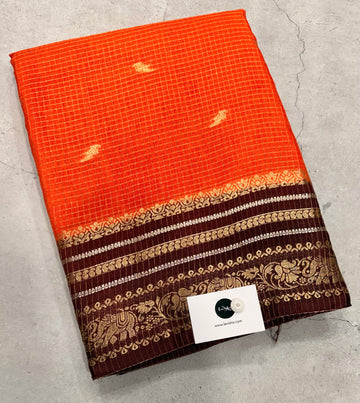 Orange contrast border checks Dola crepe saree