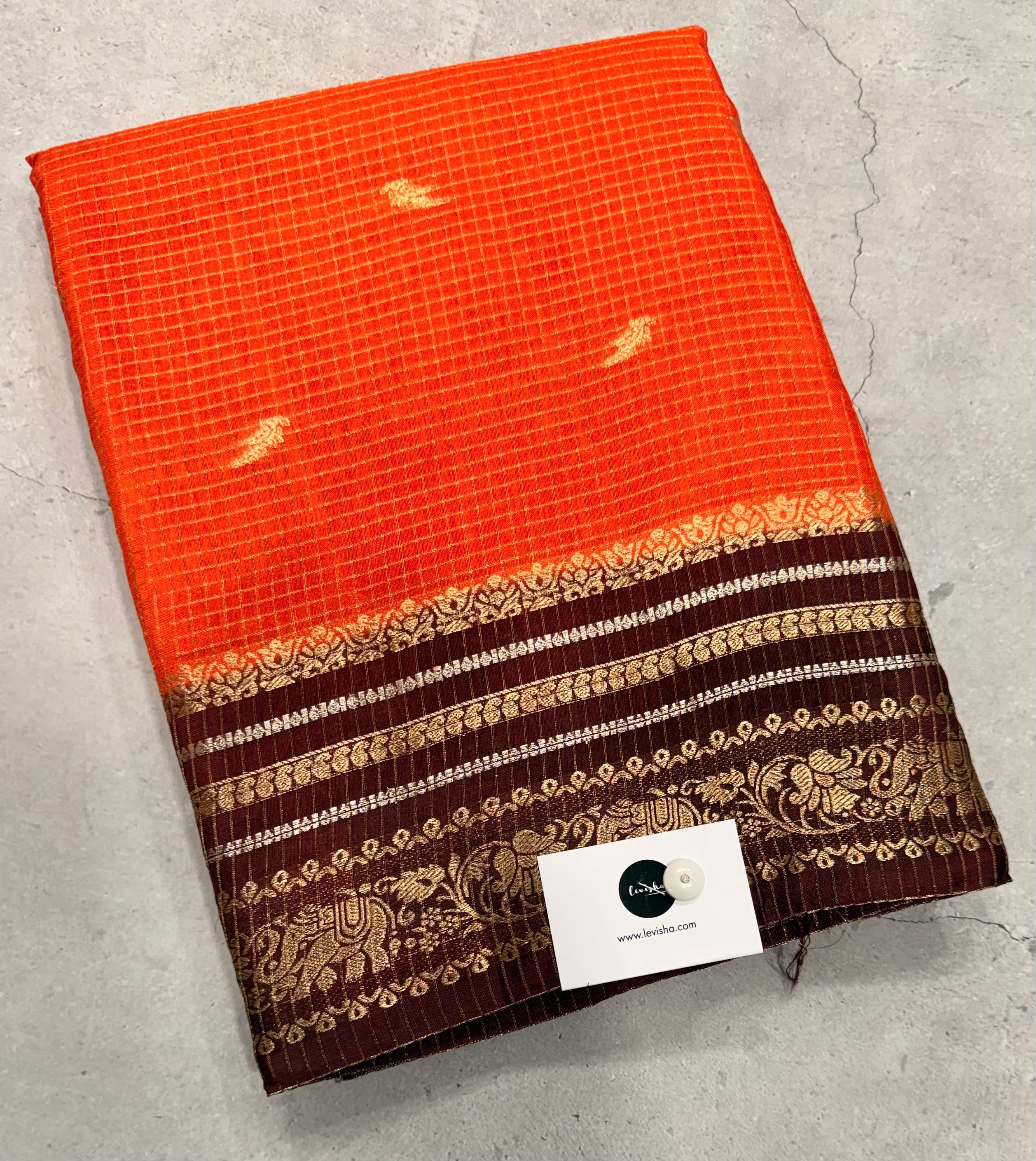 Orange contrast border checks Dola crepe saree