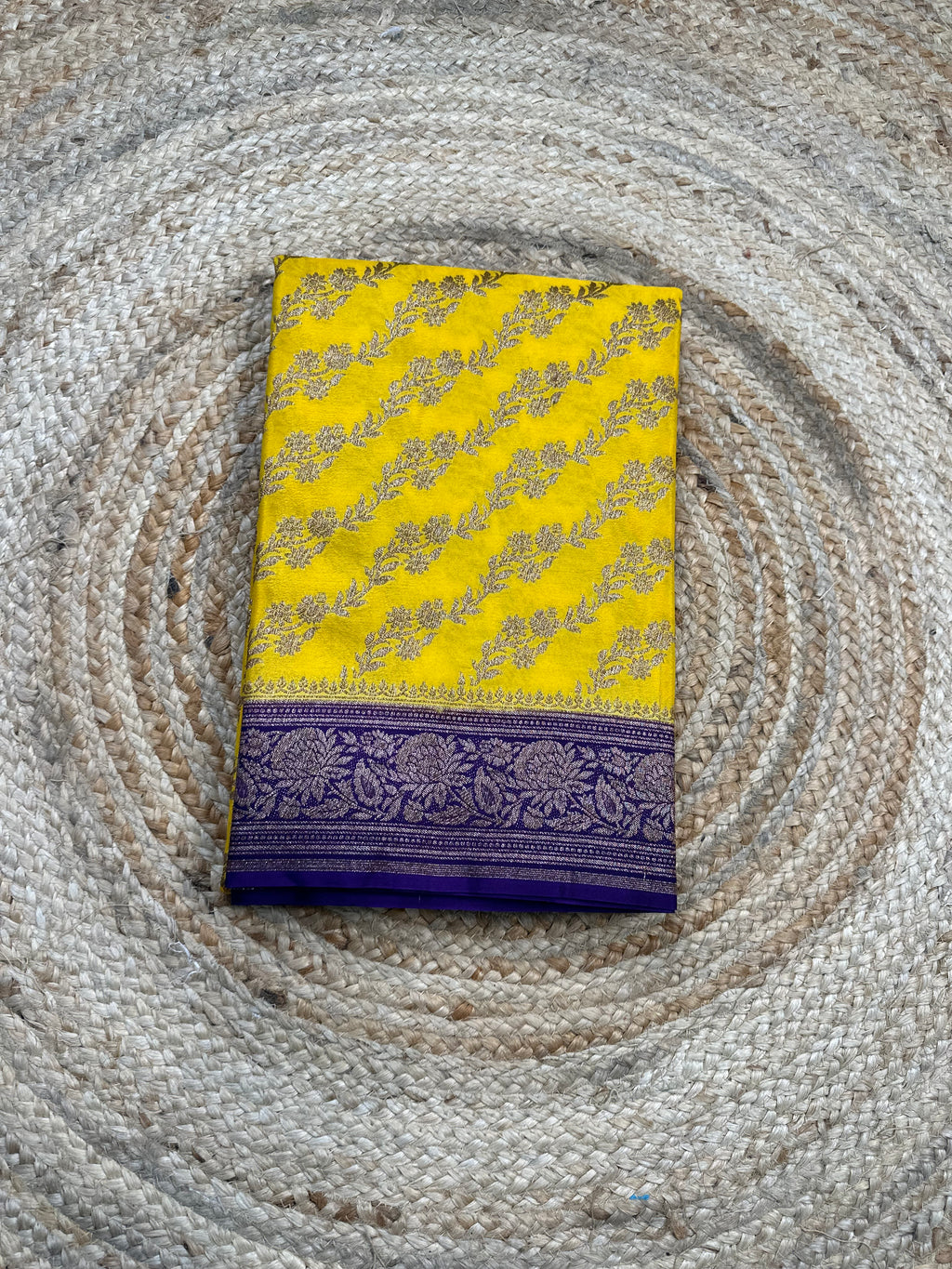 Yellow and purple crepe chiffon sarees.