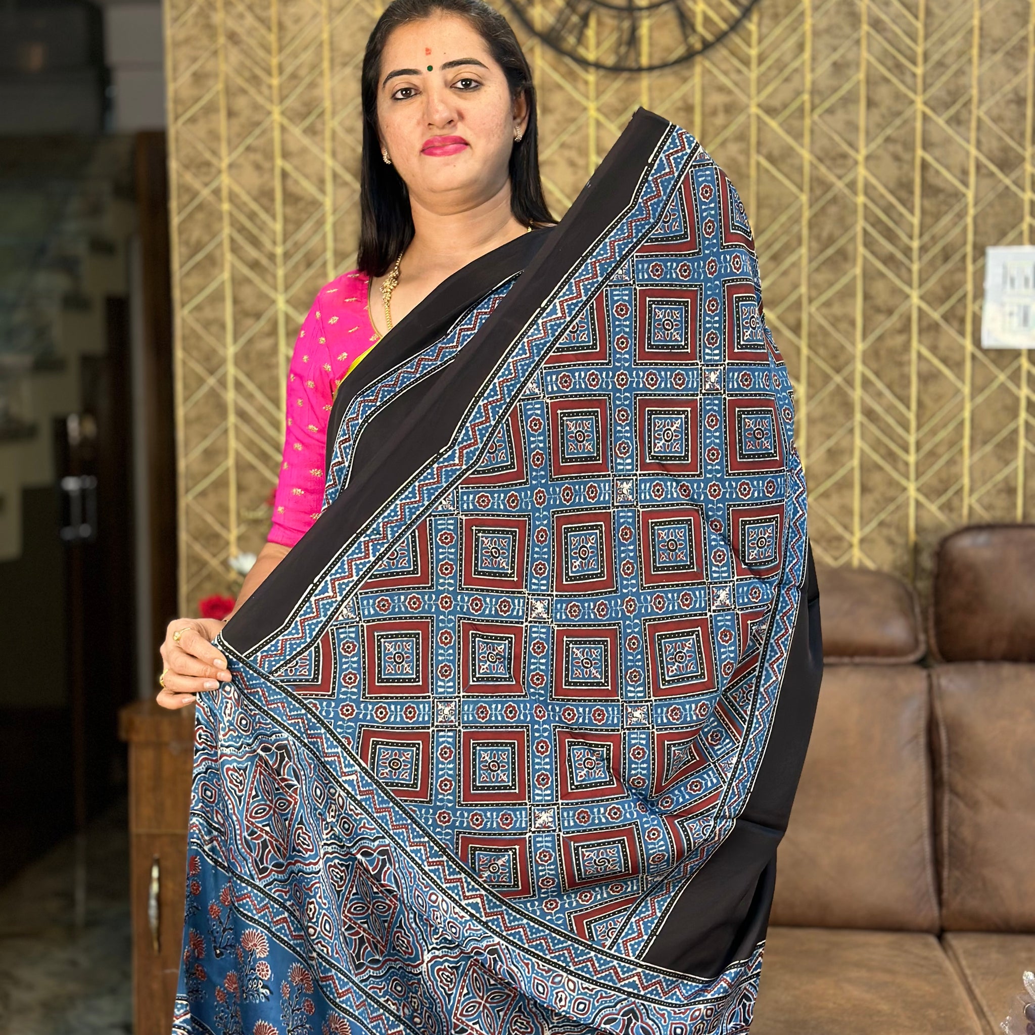 Black and blue Ajrak prints pure modal silk saree.