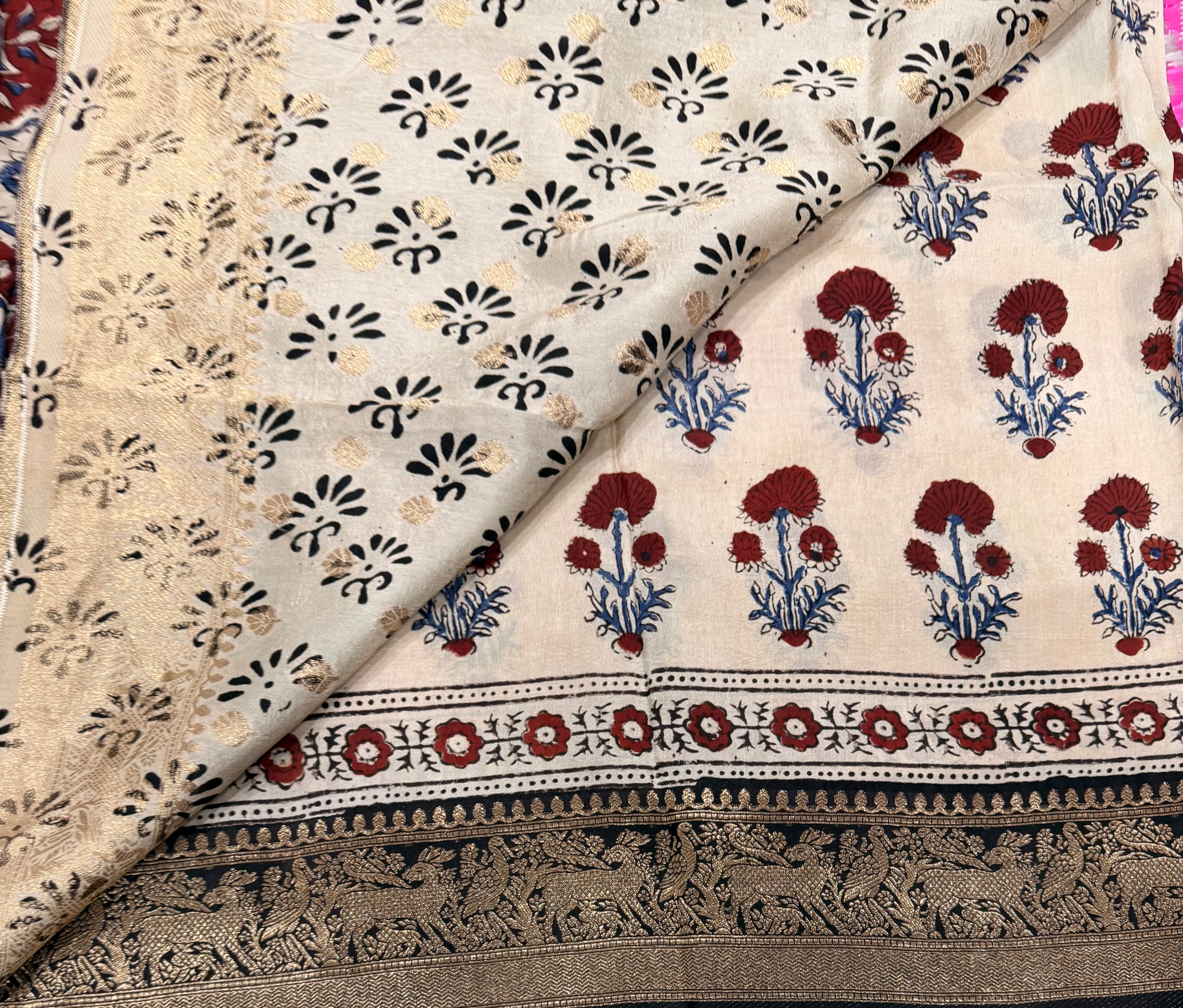 Cream small butta Kanchi border pure Ajrak dola sarees
