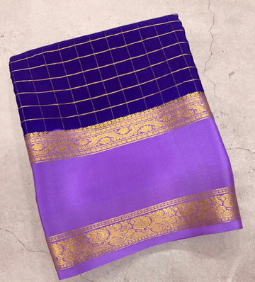 Blue checks n bentex border pure Mysore silk crepe saree