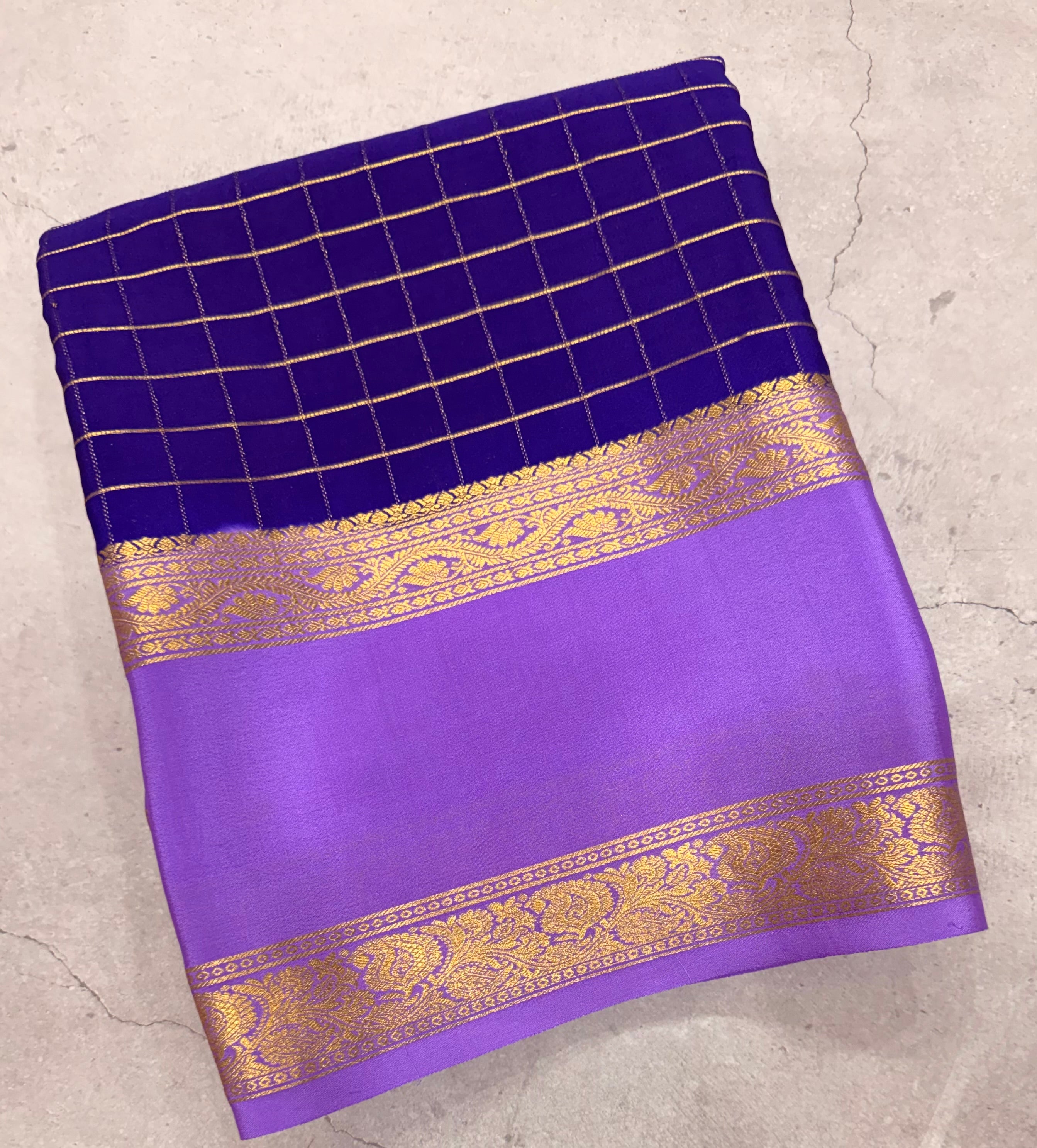 Blue checks n bentex border pure Mysore silk crepe saree