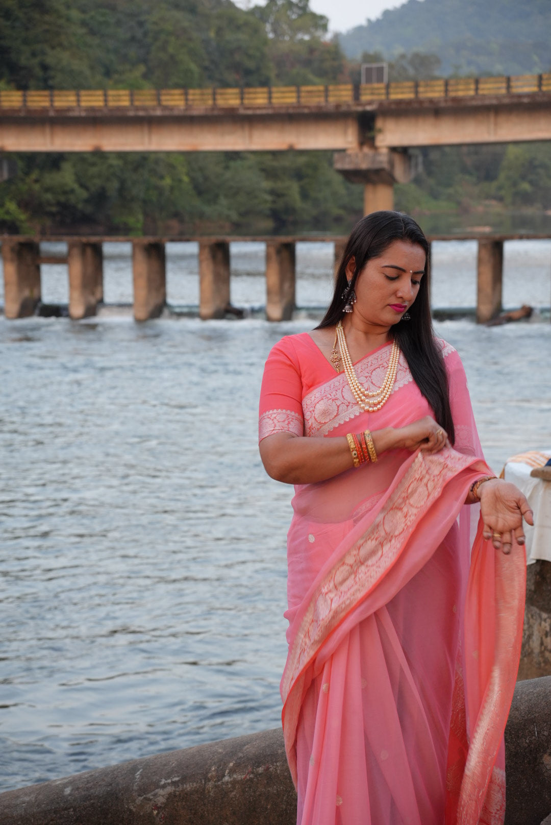 Pure khaddi chiffon peach and orange