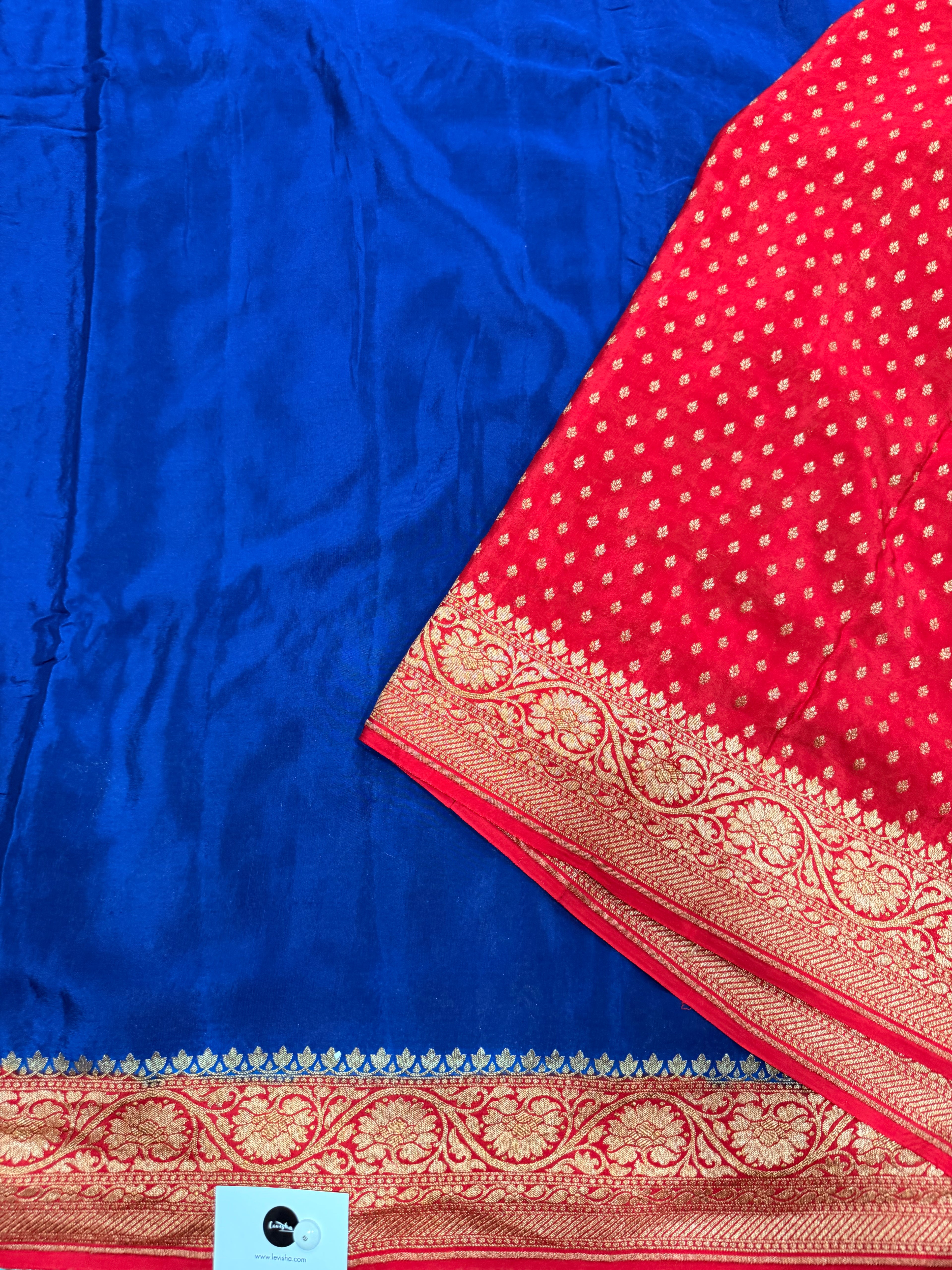 Blue n red partly pallu pure benarasi crepe silk saree
