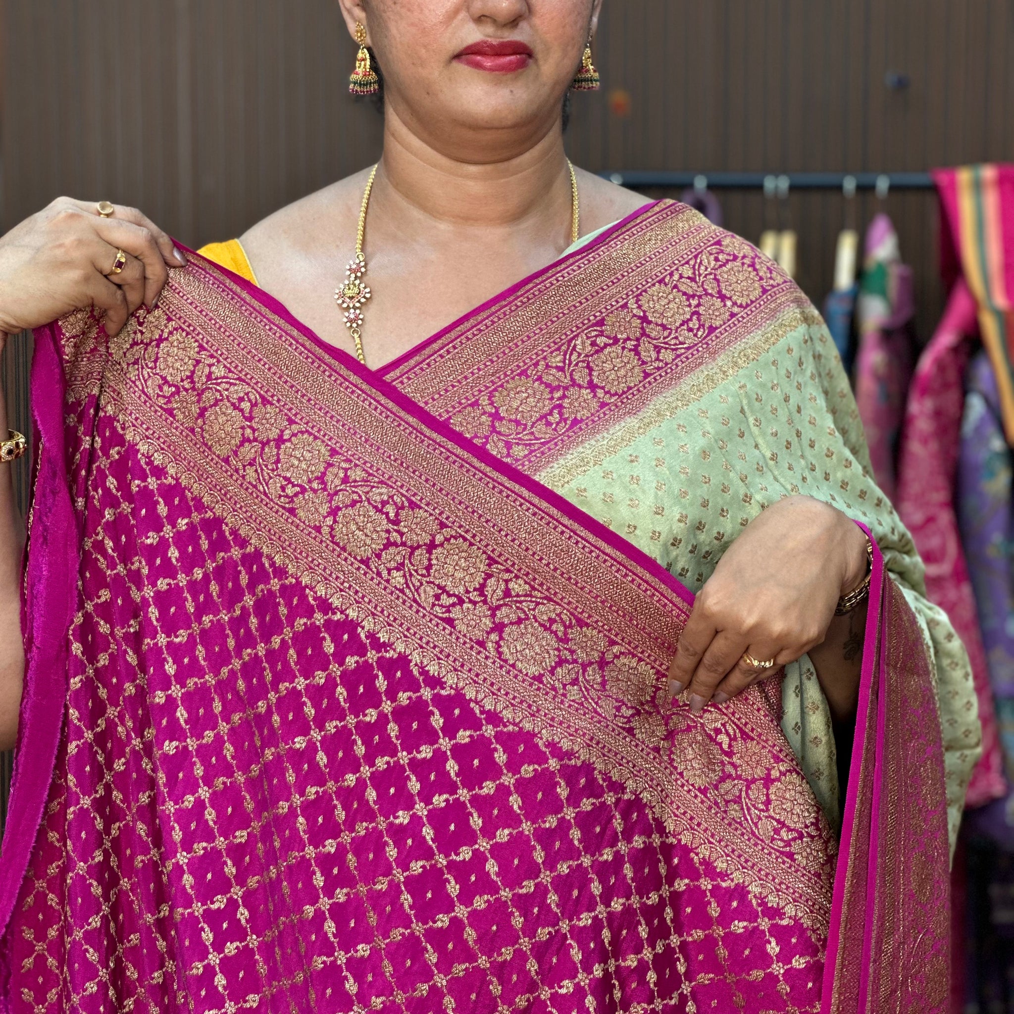 Cream and pink,pure crepe Banaras silk sarees.