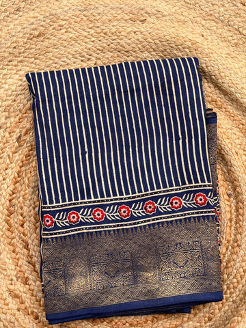 Deep blue ajrak dola silk with vertical stripes premium zari