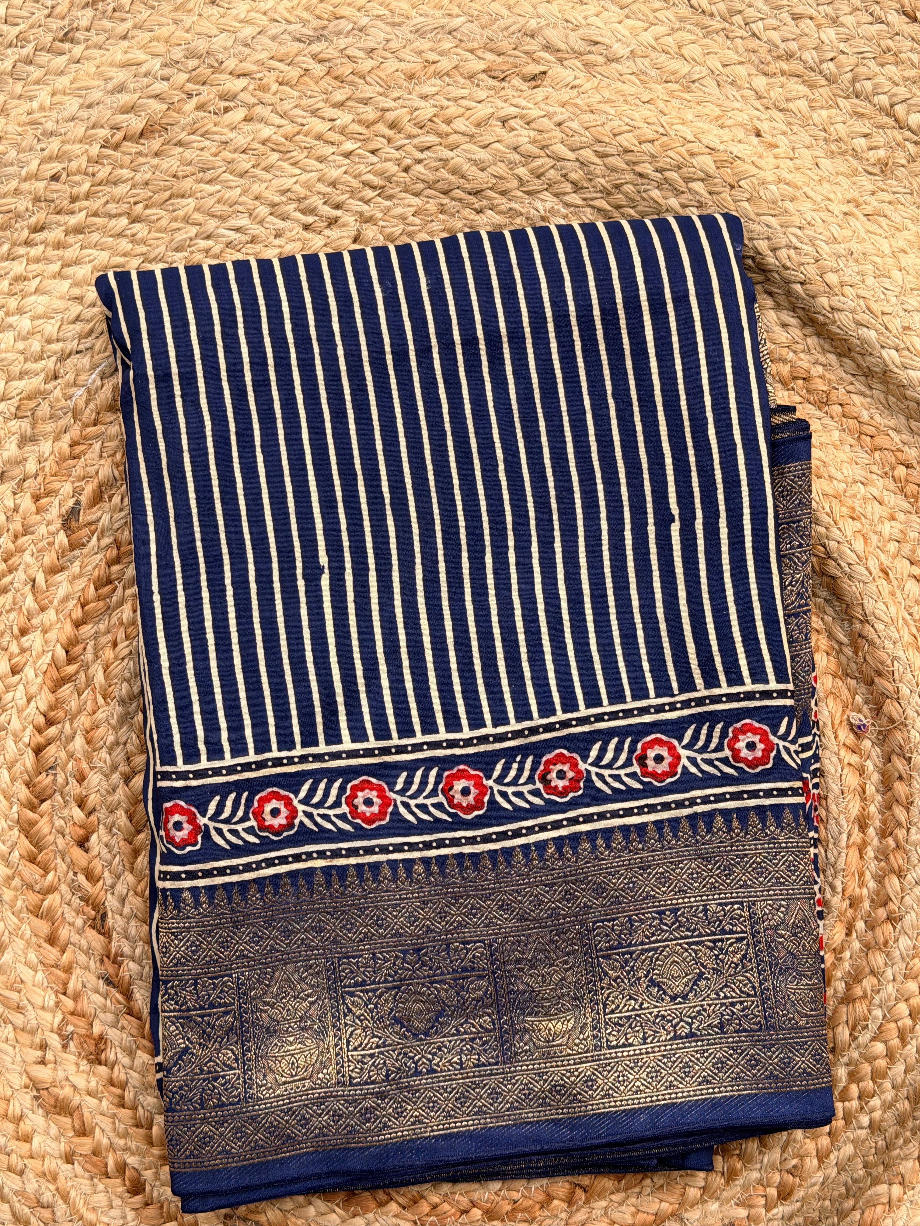 Deep blue ajrak dola silk with vertical stripes premium zari
