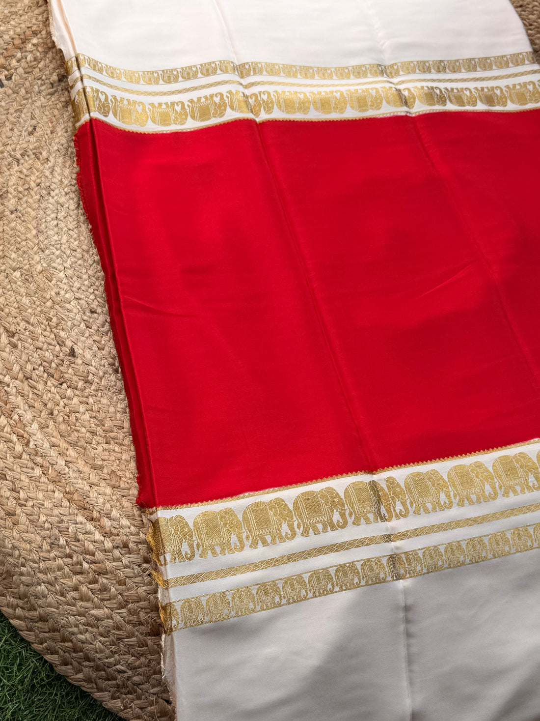 Mysuru Silk Crepe - Elephant 3D Border (120gsm) Red and white with green border