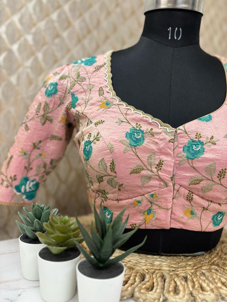 Peach pure tissue with hand embroidery scallop neckline ready blouse L to XXL