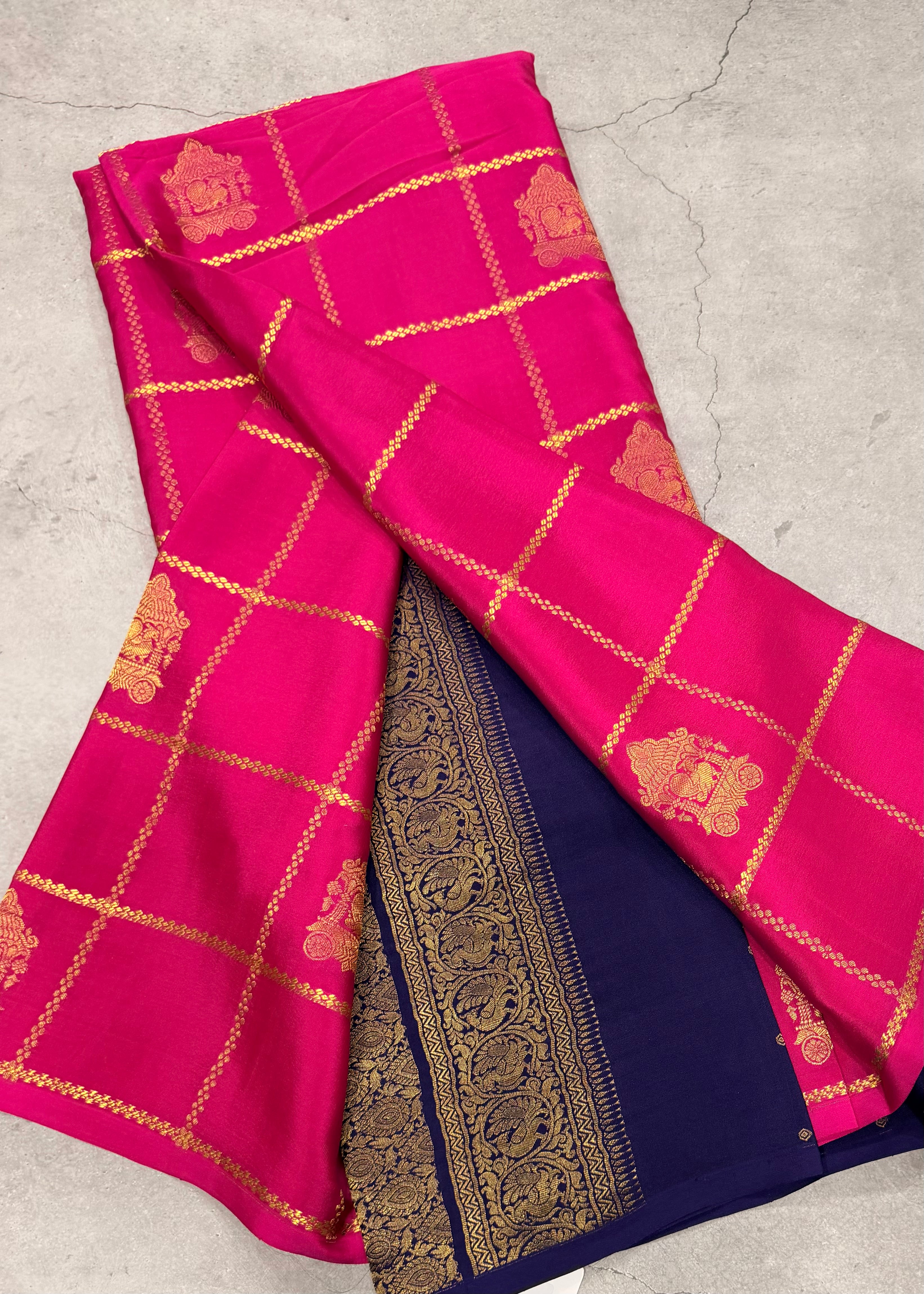 Rani pink checks pure Mysore silk crepe saree