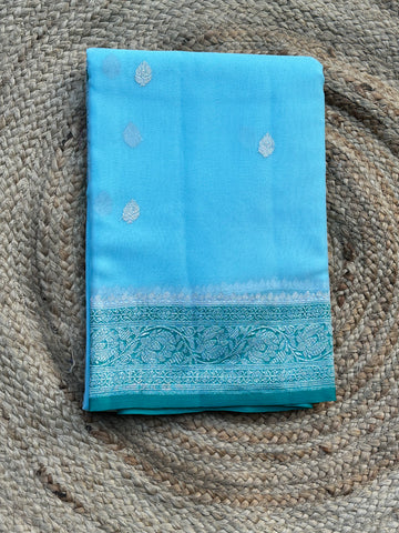 Baby blue with green pure khaddi chiffon sarees silver zari