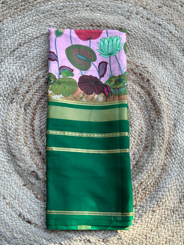 Green pure crepe digital prints Mysore Silk sarees 120 gsm