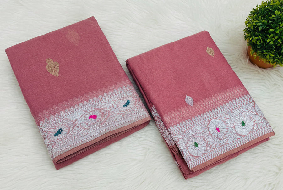 Pink Banarasi pure tissue chiffon saree sliver zari saree