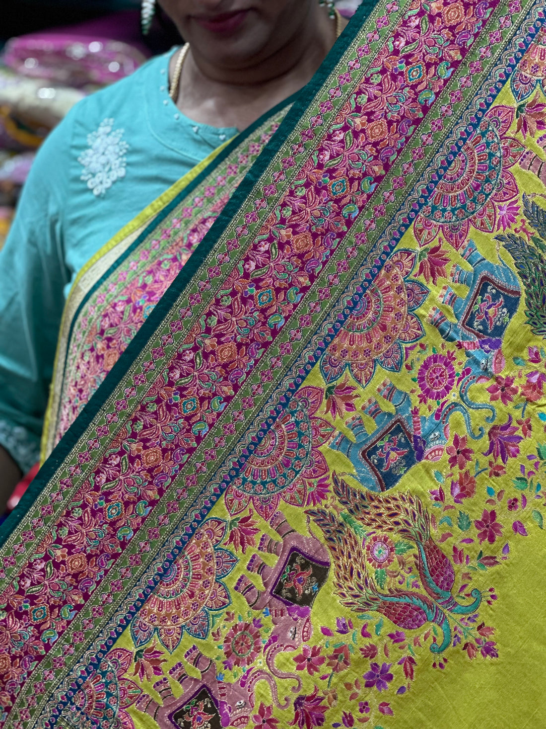 Neon green and dark green pure moonga crepe pashmina saree