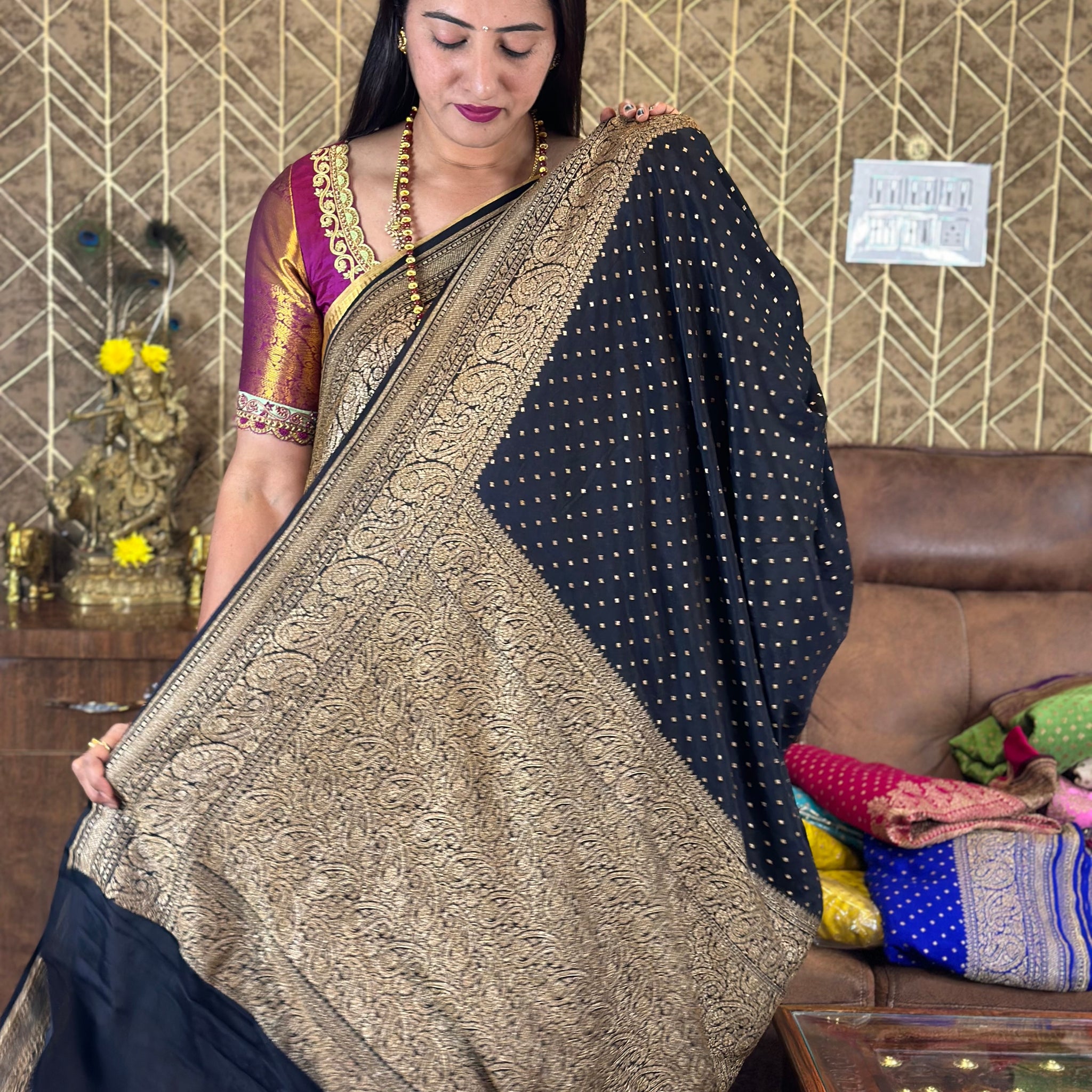 Black pure crepe Banaras silk sarees.