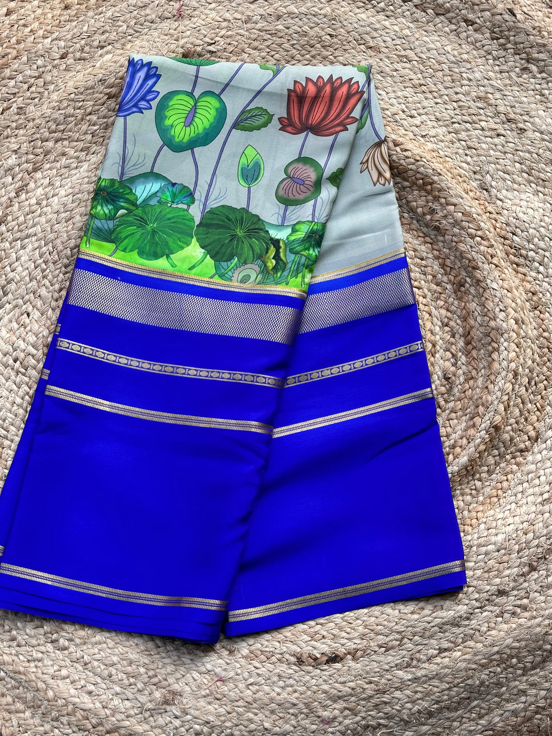 Royal blue digital kalamkari prints pure crepe Mysore Silk sarees 120 gsm