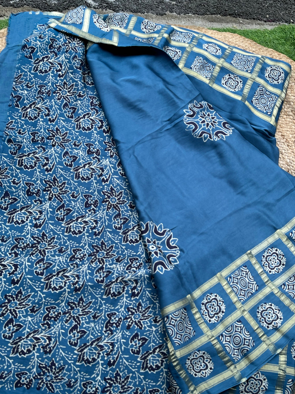 Powder blue pure Ajrak modal Sarees with Ajrak blouse