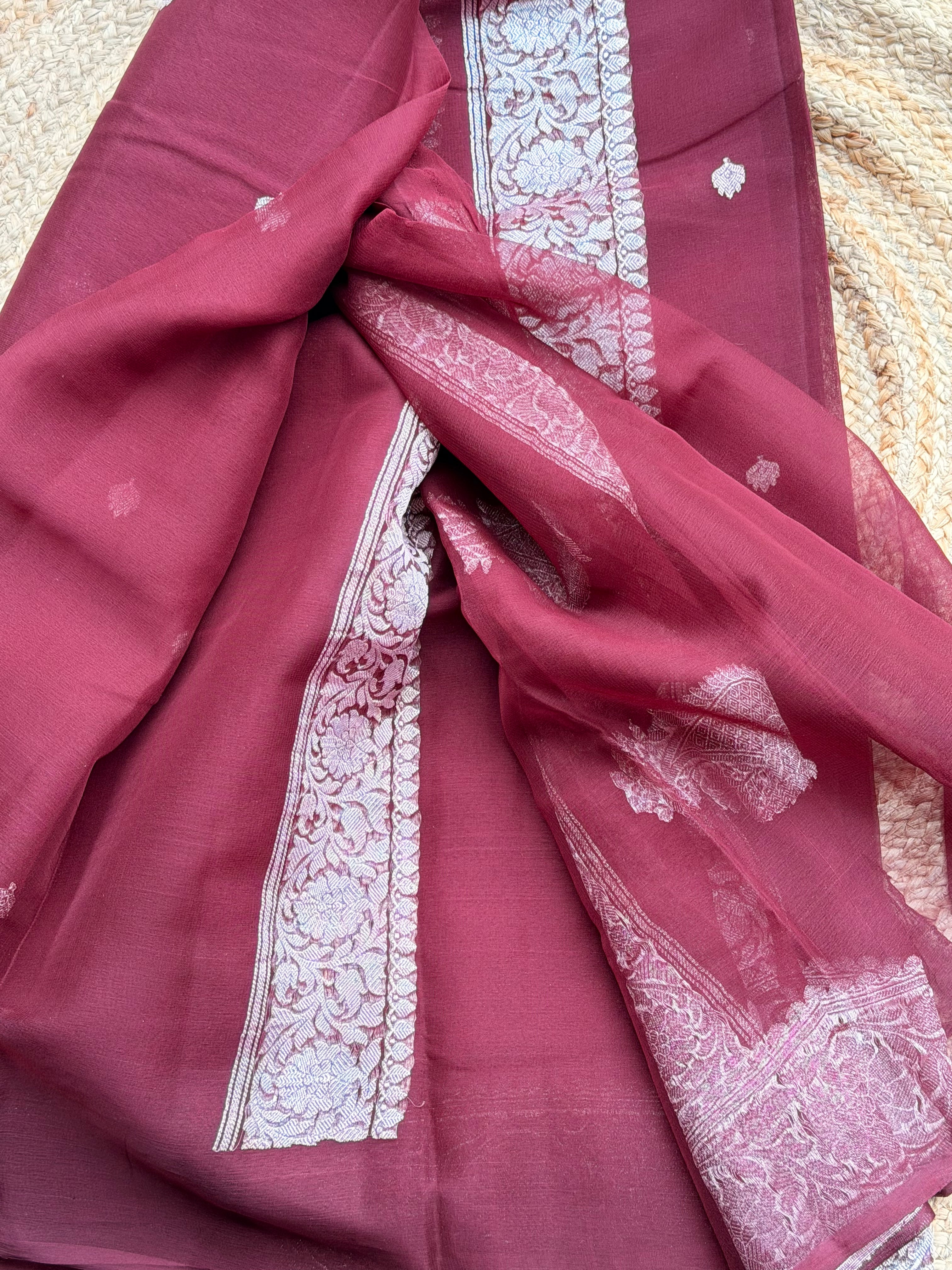 Burgundy maroon banarasi pure khadi chiffon sliver zari woven