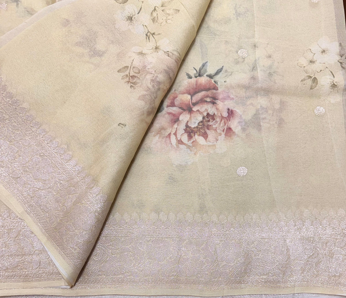 Pale yellow digital print Banarasi pure tissue chiffon saree sliver zari saree