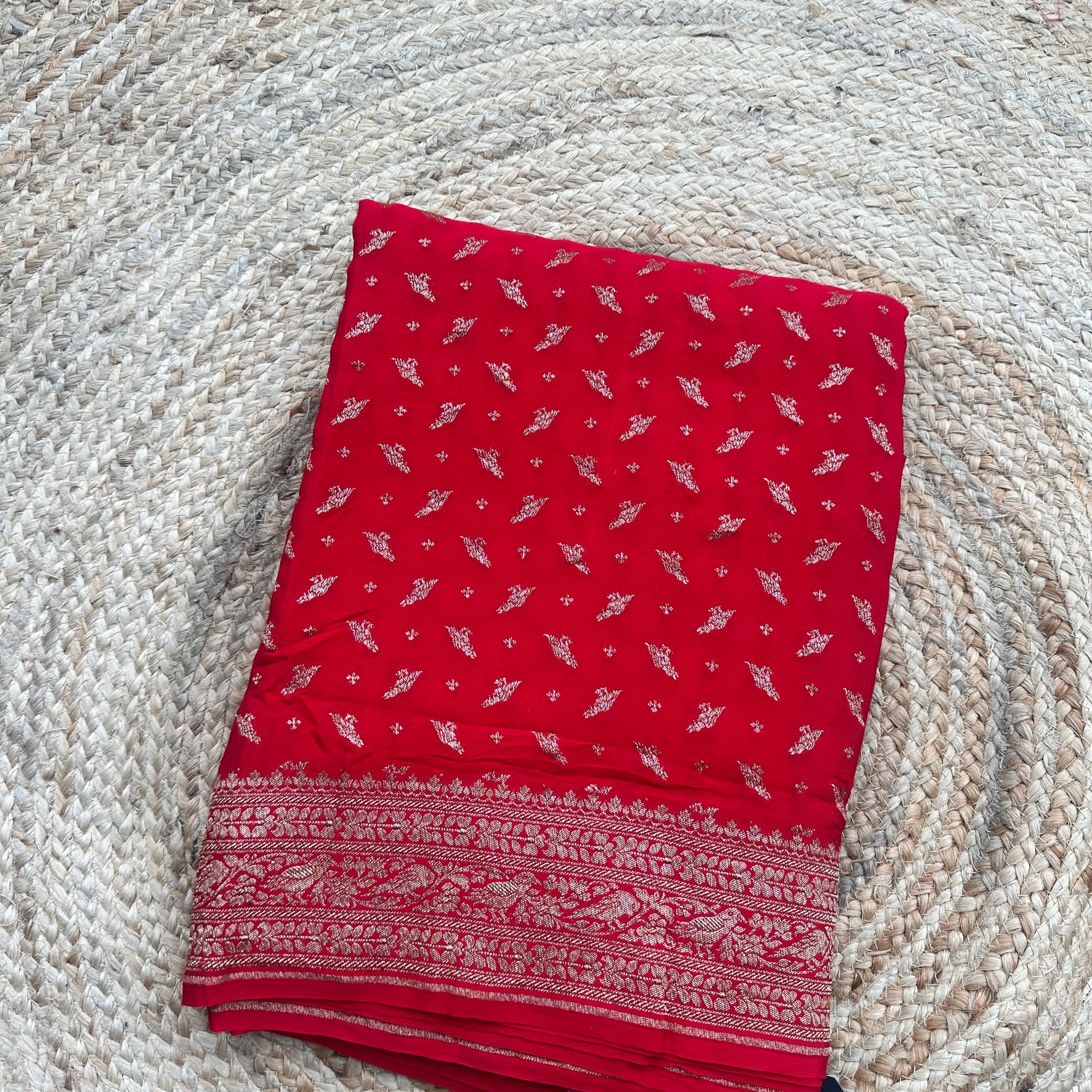 Red pure crepe Banaras sarees with brocade jaal blouse