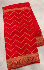 Red zig zag small butta half n half pure benarasi crepe silk saree