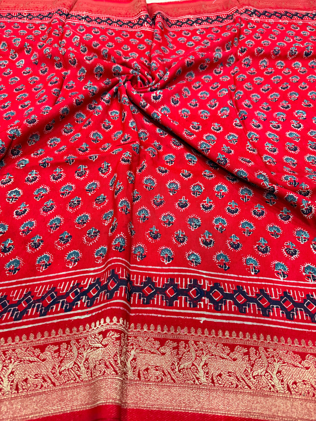 Red small butta Kanchi border pure Ajrak dola sarees