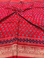 Red small butta Kanchi border pure Ajrak dola sarees