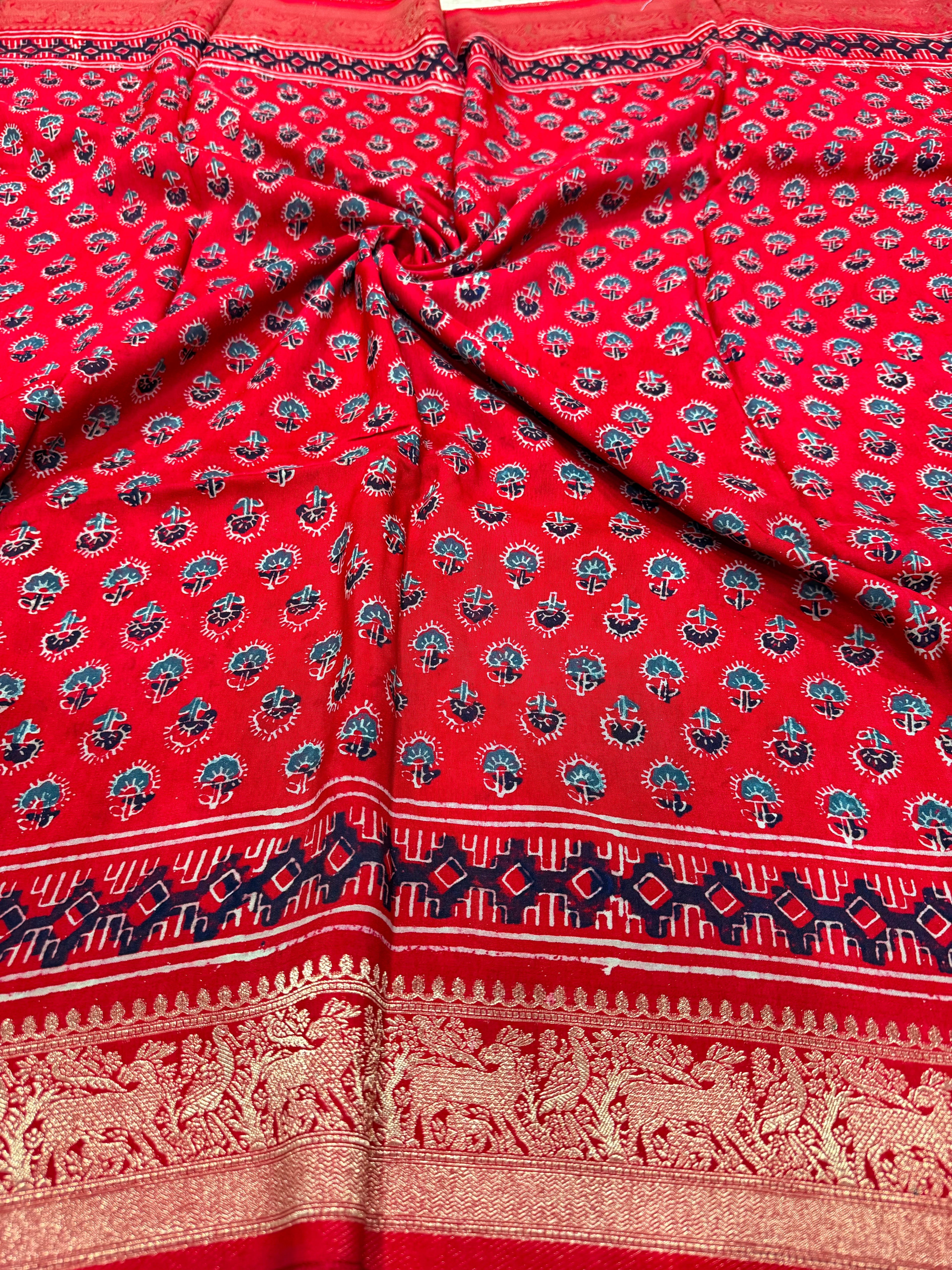 Red small butta Kanchi border pure Ajrak dola sarees