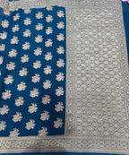 Peacock blue jaal pattern pure georgette with water zari saree