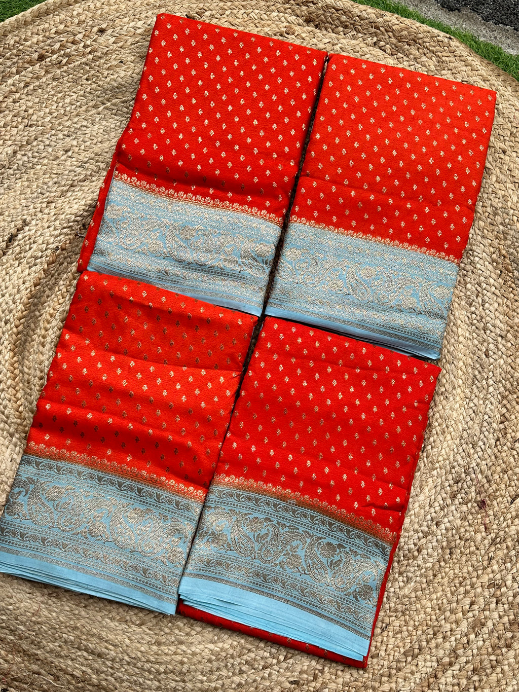 Orange with sea blue crepe chiffon Banarasi sarees