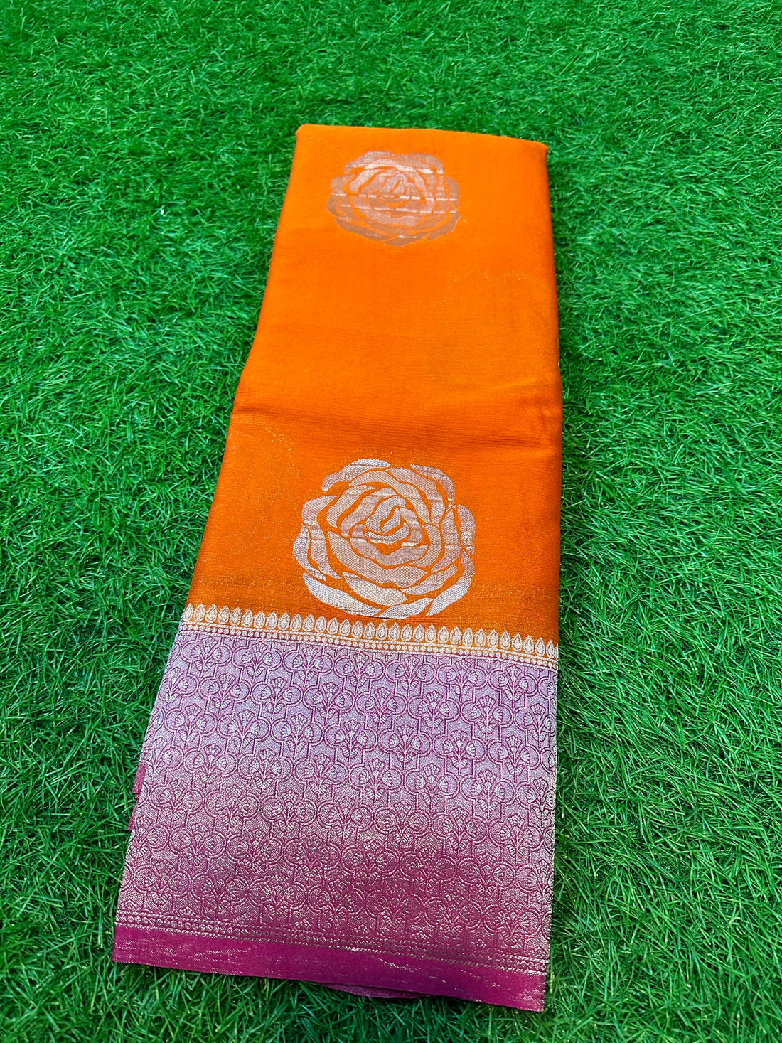 Orange with pink soft crepe rose butta.