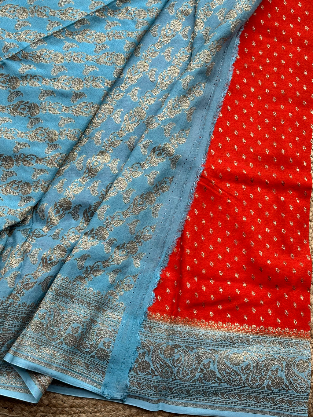 Orange with sea blue crepe chiffon Banarasi sarees