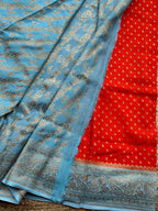 Orange with sea blue crepe chiffon Banarasi sarees
