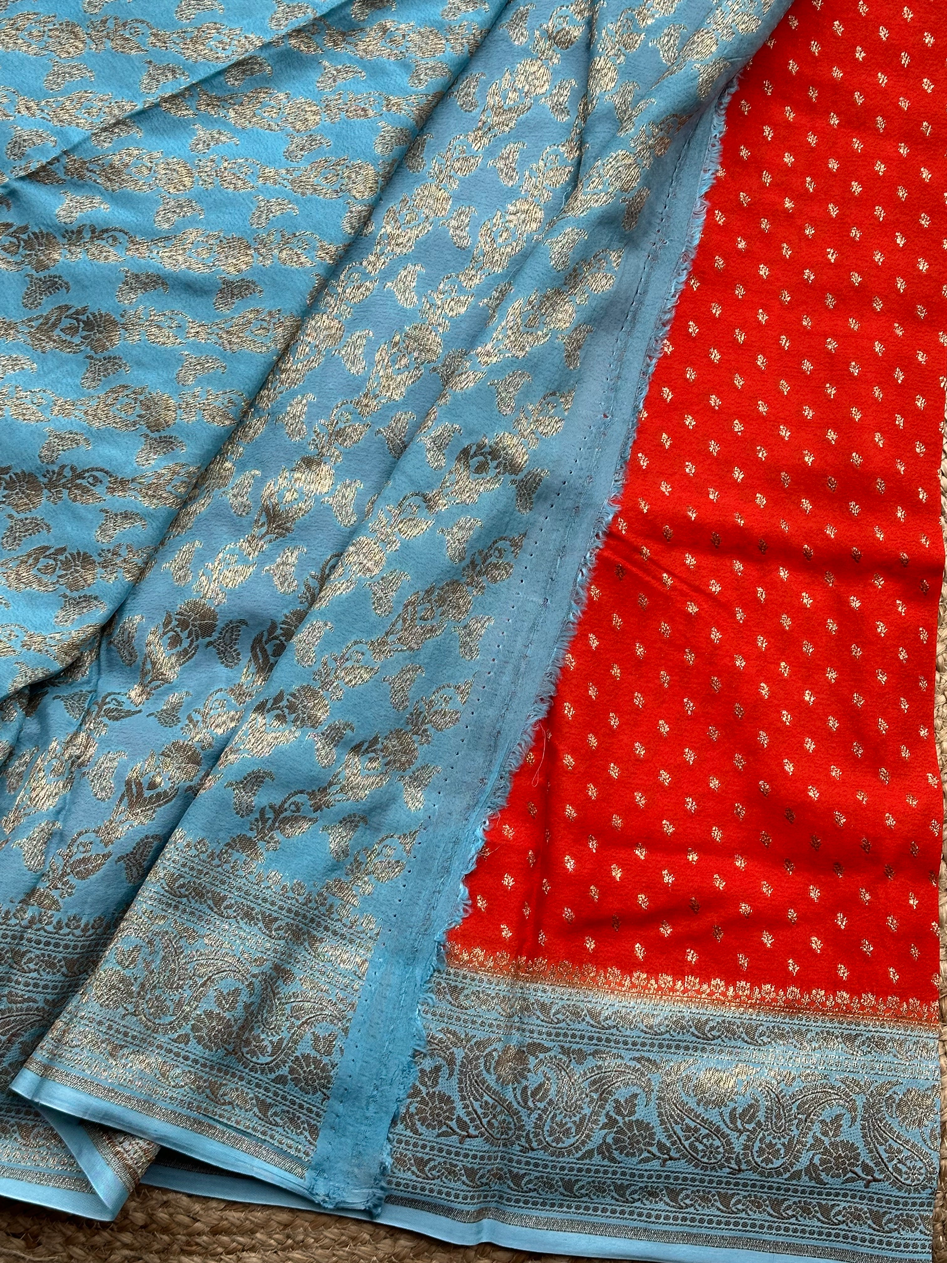 Orange with sea blue crepe chiffon Banarasi sarees