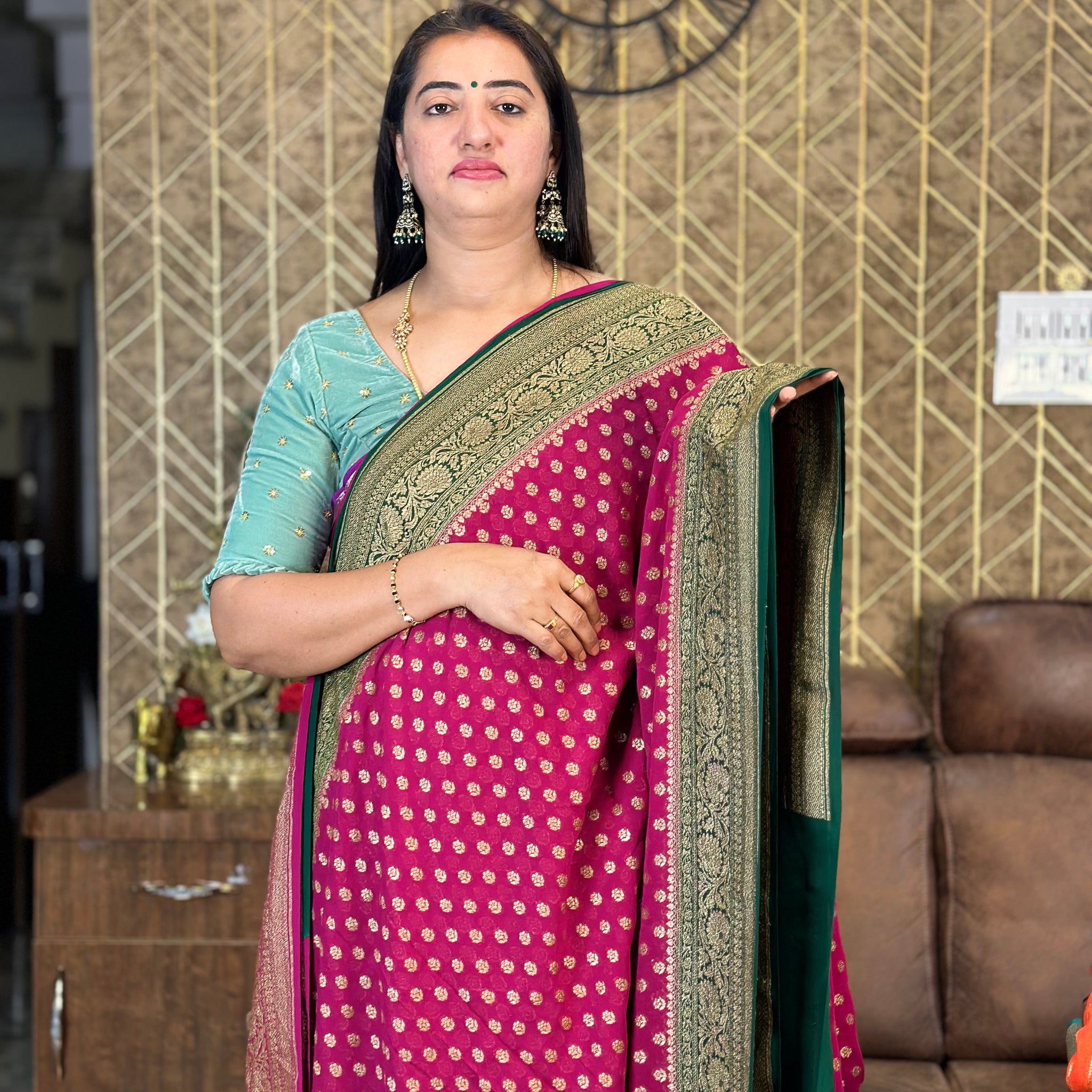 Strawberry pink and green, pure khaddi Georgette sarees.