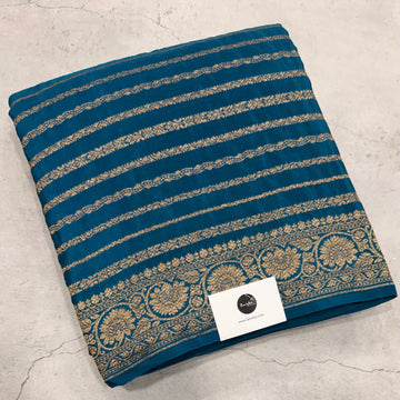 Peacock blue stripes pure benarasi crepe silk saree