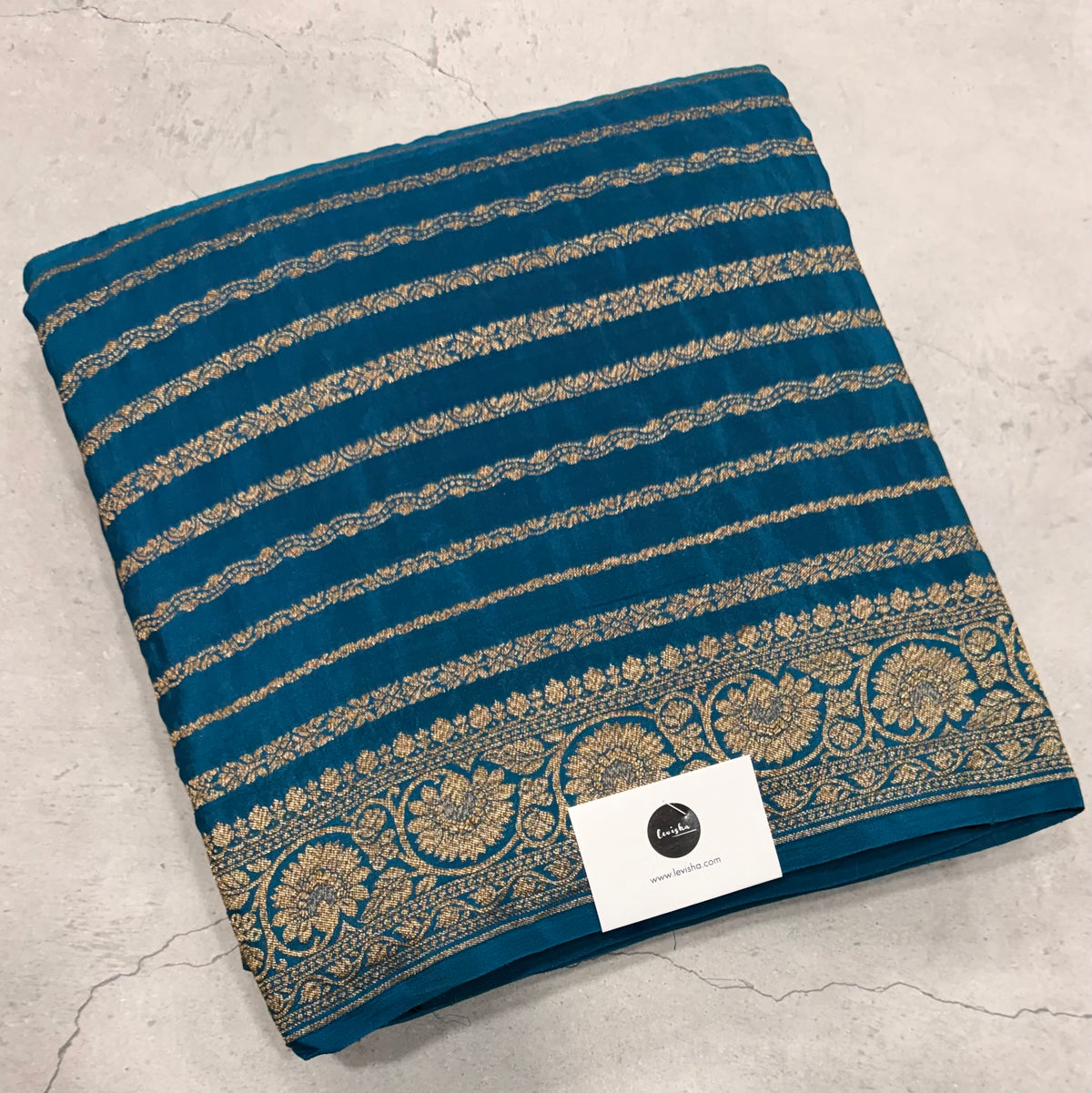 Peacock blue stripes pure benarasi crepe silk saree