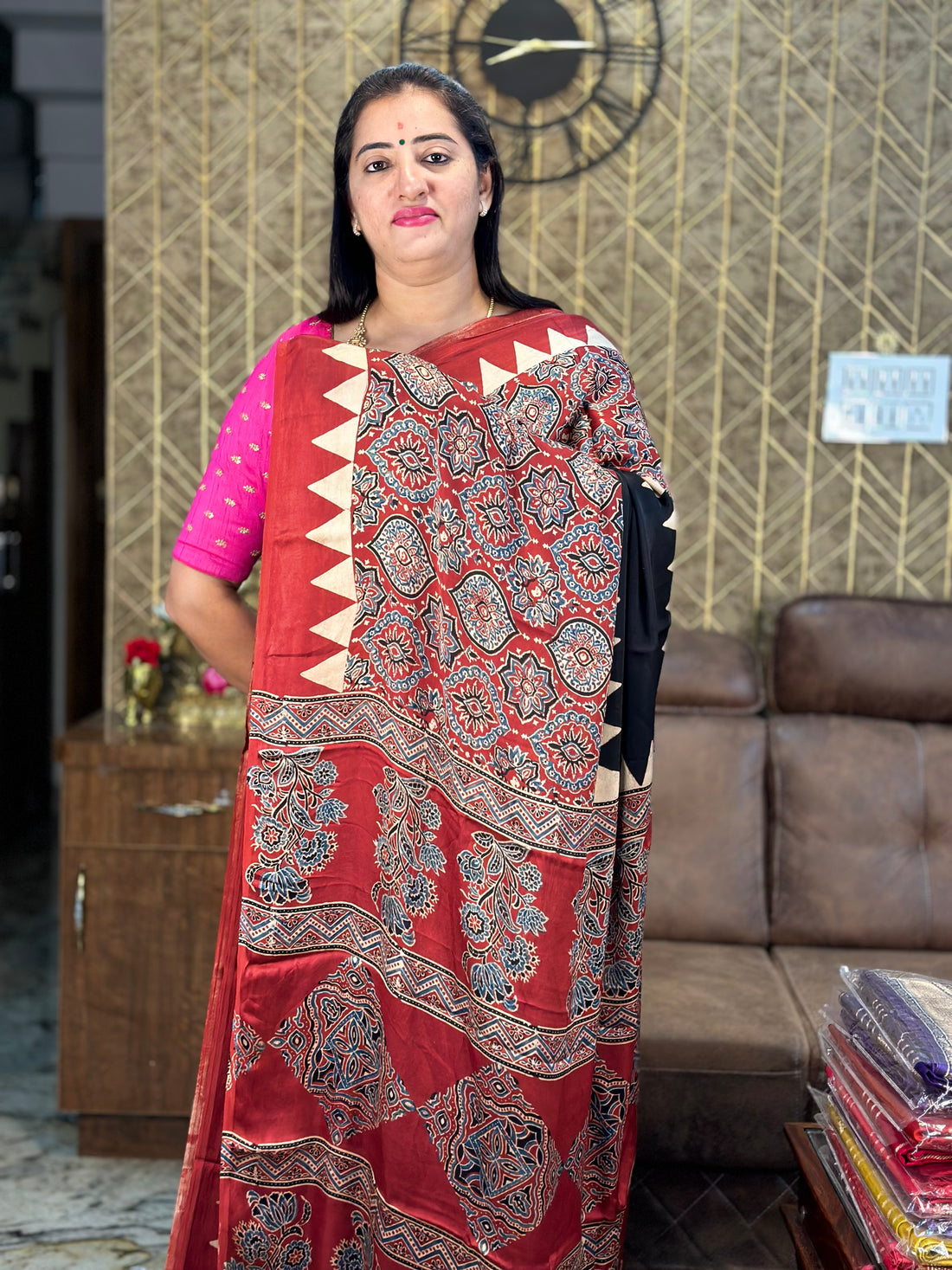 Red Ajrak prints with black pure modal silk saree.