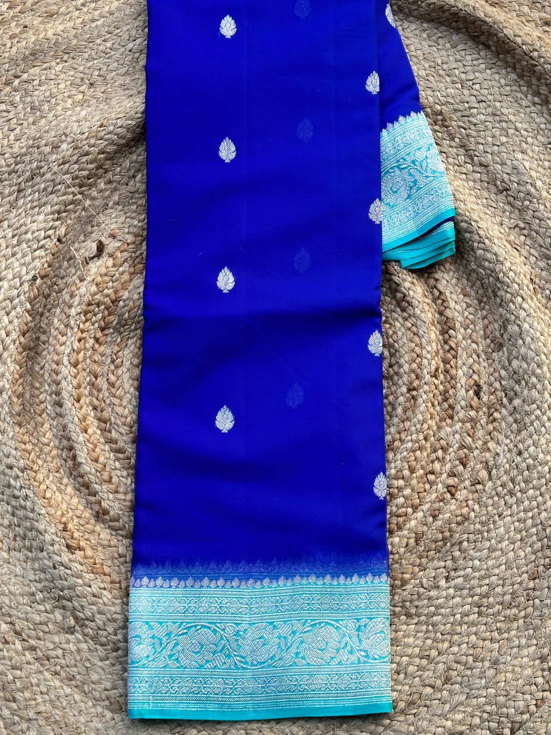 Royal blue with sky blue pure khaddi chiffon silver zari woven