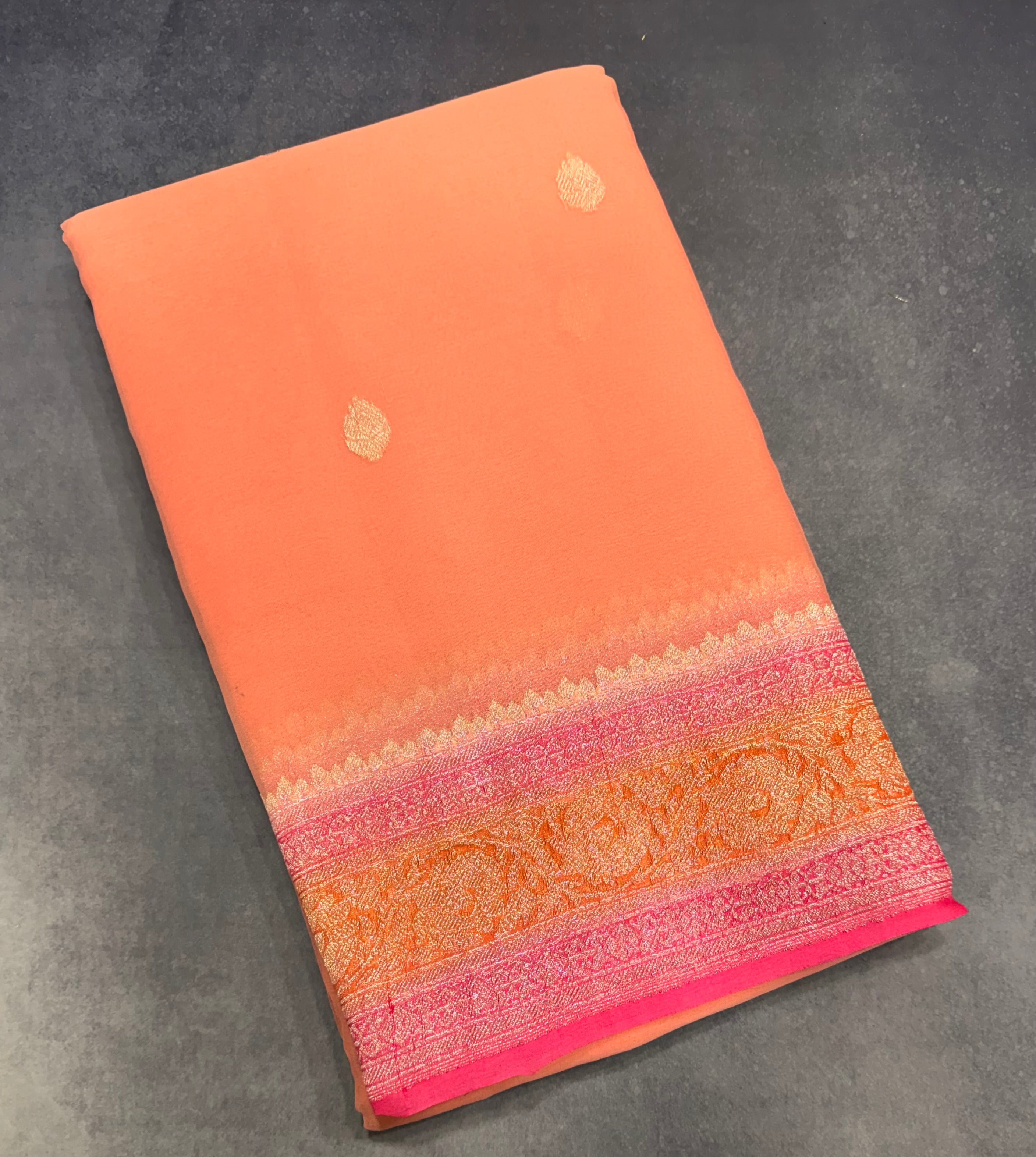 Peach 3D Banarasi pure khadi chiffon saree sliver zari saree